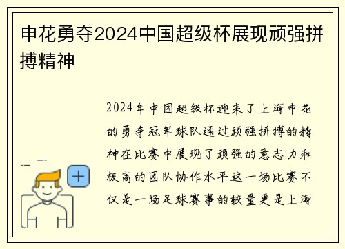 申花勇夺2024中国超级杯展现顽强拼搏精神